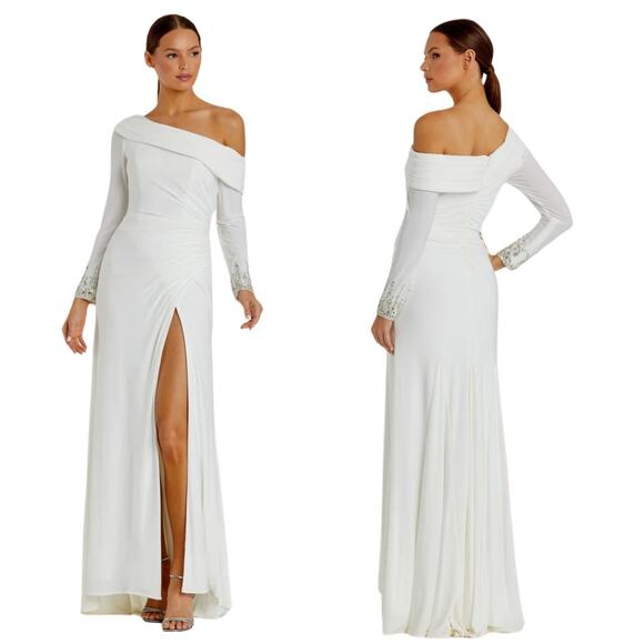 Mac Duggal Beaded Cuff Off-Shoulder Faux Wrap Gown White NWT Size 12 - Picture 2 of 12